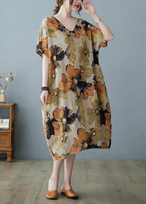 Plus Size Khaki V Neck Print Long Dress Short Sleeve - Image 3