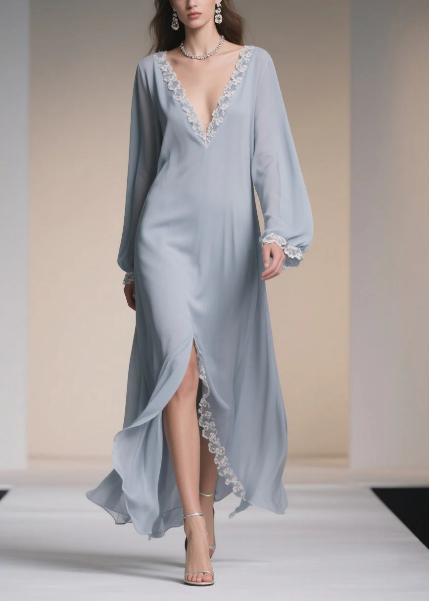 Plus Size Light Blue V Neck Lace Side Open Chiffon Dresses Spring