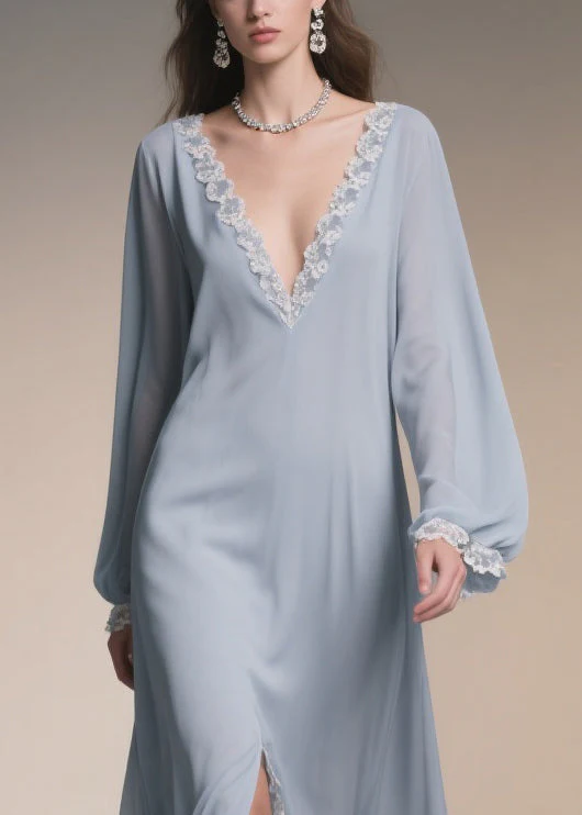 Plus Size Light Blue V Neck Lace Side Open Chiffon Dresses Spring - Image 2