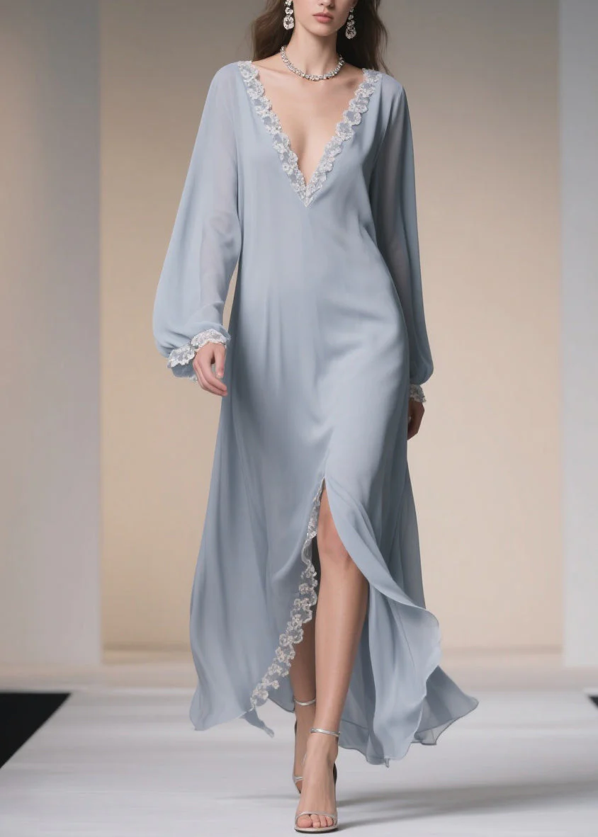 Plus Size Light Blue V Neck Lace Side Open Chiffon Dresses Spring - Image 3