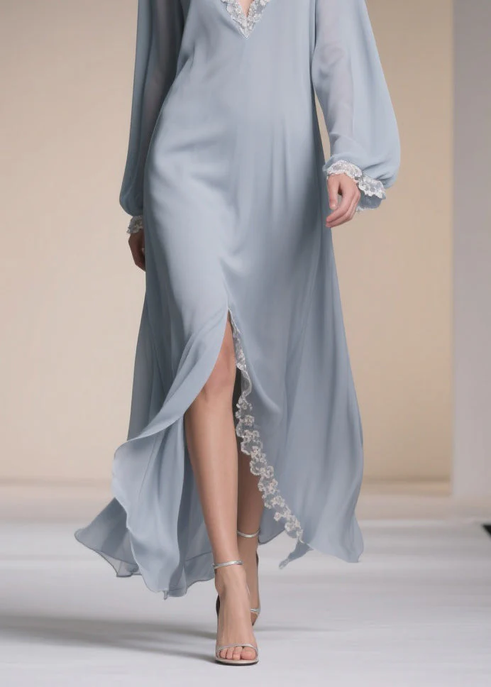 Plus Size Light Blue V Neck Lace Side Open Chiffon Dresses Spring - Image 4
