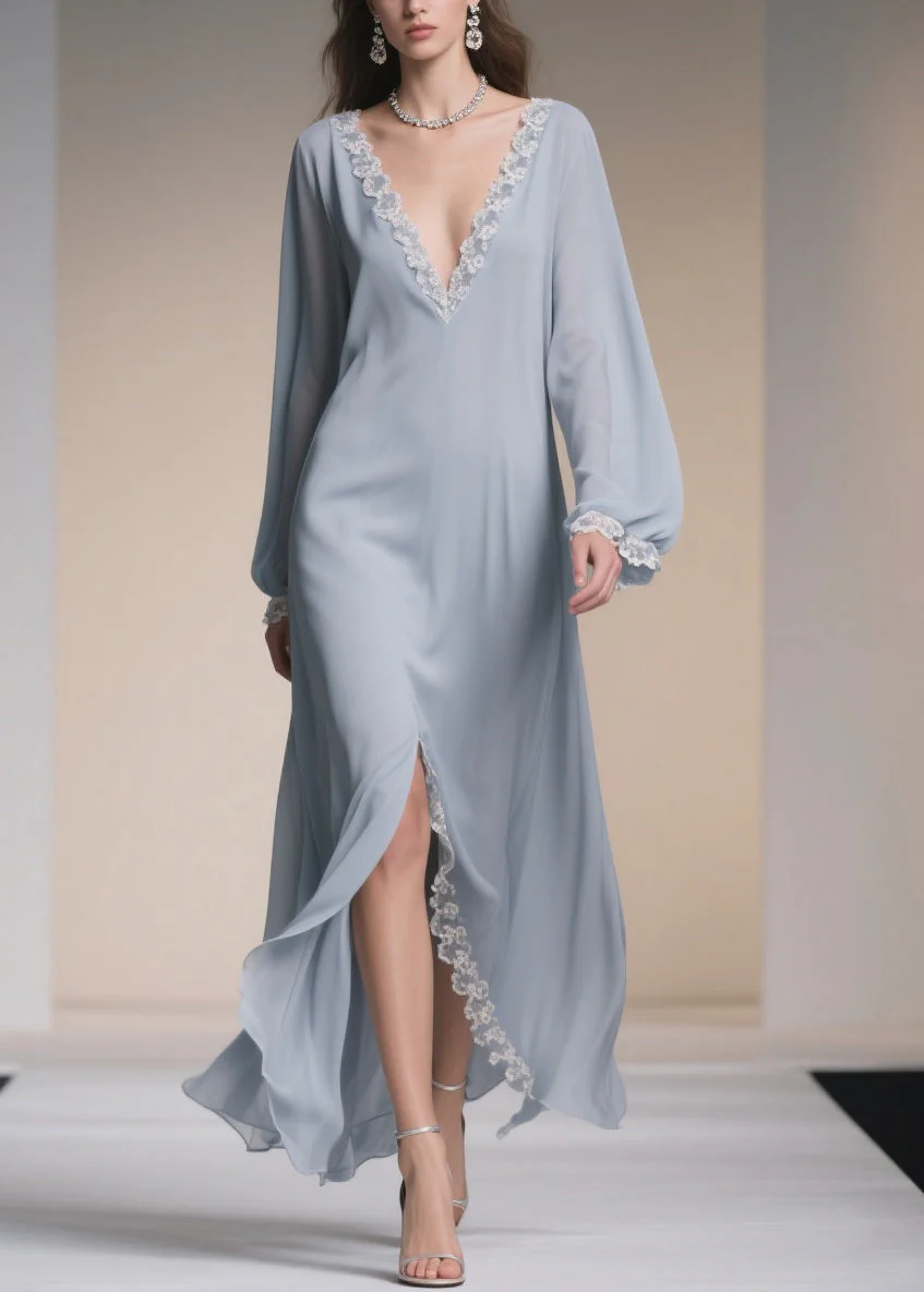 Plus Size Light Blue V Neck Lace Side Open Chiffon Dresses Spring - Image 5