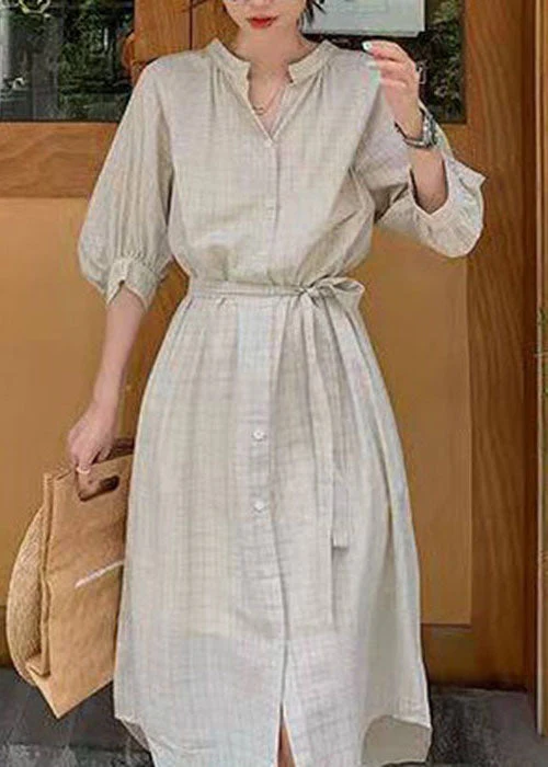 Plus Size Light Green Cinched Plaid Cotton Dress Spring - Image 5
