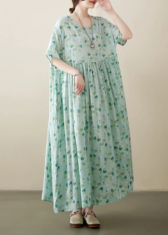 Plus Size Light Green O-Neck Patchwork Print Cotton Holiday Maxi Dress Short Sleeve