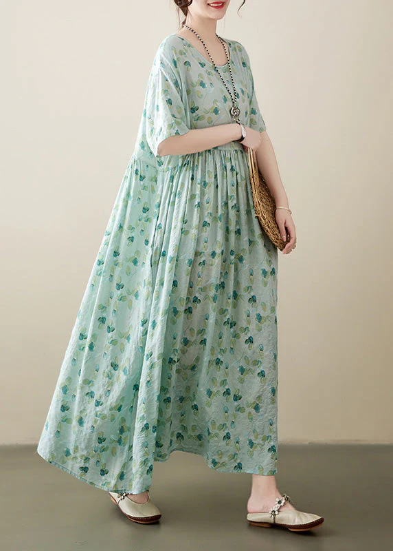 Plus Size Light Green O-Neck Patchwork Print Cotton Holiday Maxi Dress Short Sleeve - Image 3