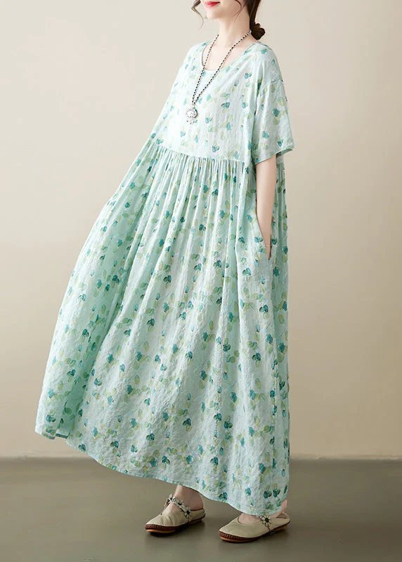 Plus Size Light Green O-Neck Patchwork Print Cotton Holiday Maxi Dress Short Sleeve - Image 4