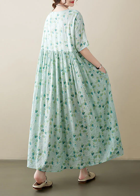 Plus Size Light Green O-Neck Patchwork Print Cotton Holiday Maxi Dress Short Sleeve - Image 5