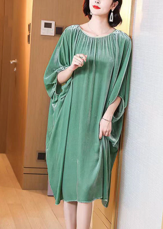 Plus Size Light Green O Neck Patchwork Silk Velour Dresses Batwing Sleeve - Image 2