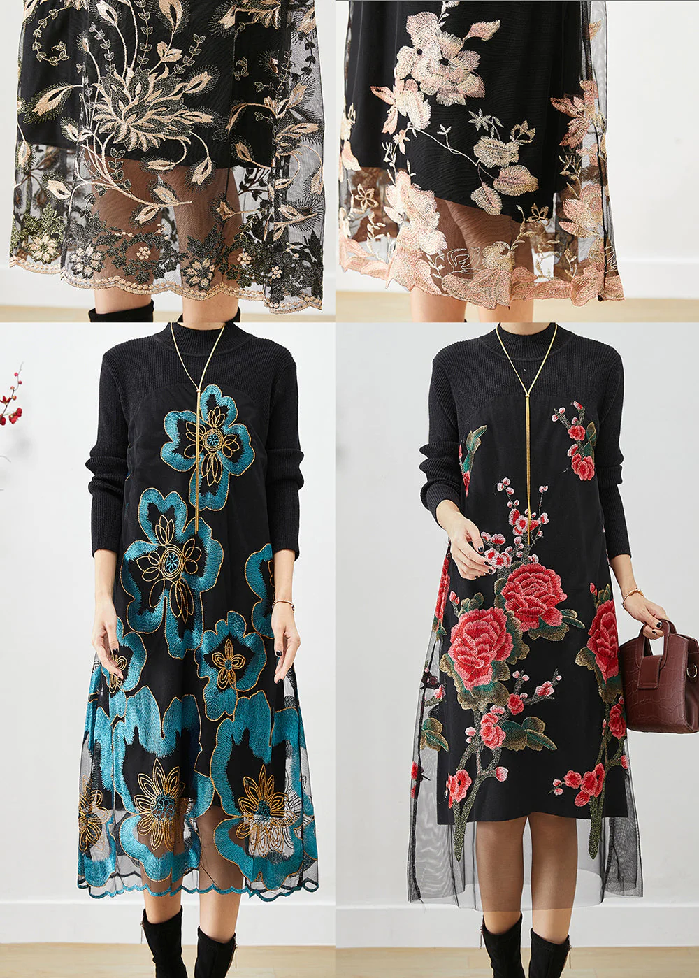 Plus Size Light Pink Embroideried Patchwork Knit Dresses Fall - Image 5