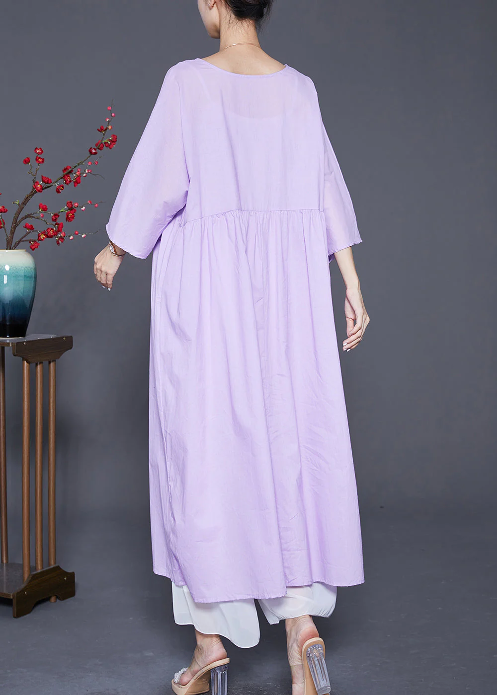 Plus Size Light Purple Ruffled Patchwork Cotton Dress Bracelet Sleeve - Image 4