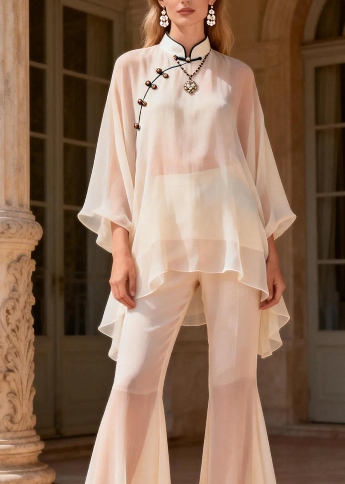 Plus Size Mandarin Collar Top And Pants Silk Two Piece Set Summer - Image 2