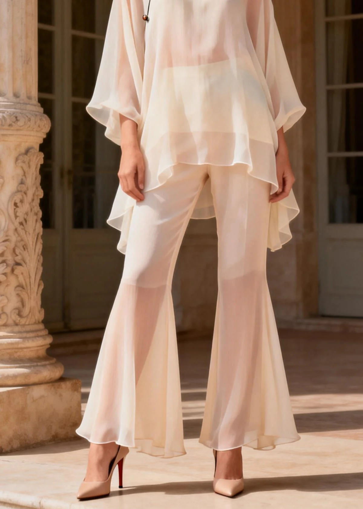 Plus Size Mandarin Collar Top And Pants Silk Two Piece Set Summer - Image 4
