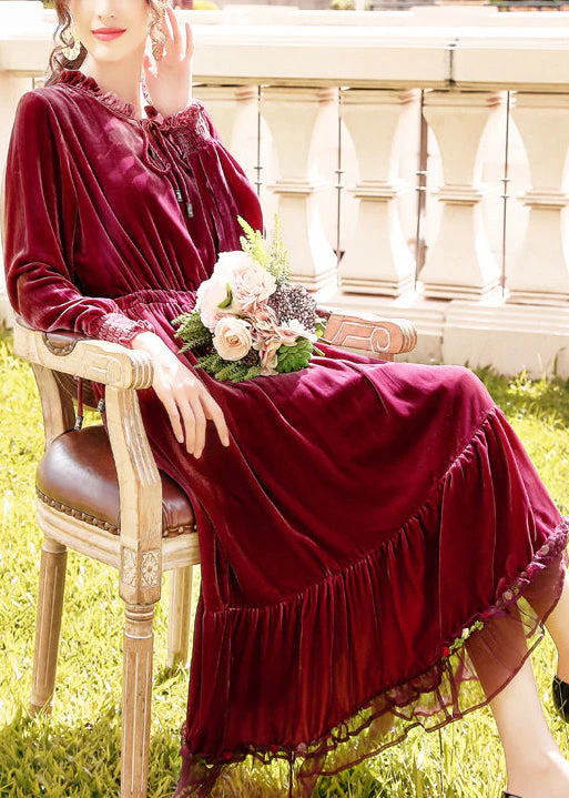 Plus Size Mulberry Cinched Patchwork Silk Velour Dresses Spring - Image 2