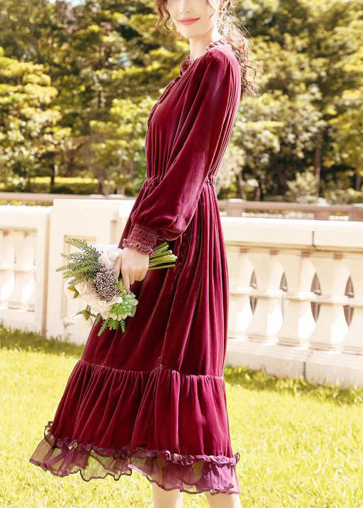 Plus Size Mulberry Cinched Patchwork Silk Velour Dresses Spring - Image 3