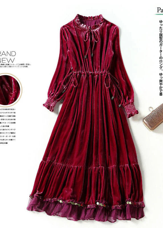 Plus Size Mulberry Cinched Patchwork Silk Velour Dresses Spring - Image 5