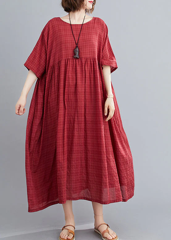 Plus Size Mulberry O-Neck Linen Long Dresses Short Sleeve - Image 2