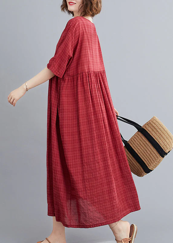Plus Size Mulberry O-Neck Linen Long Dresses Short Sleeve - Image 3