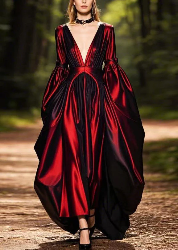 Plus Size Mulberry Patchwork Silk Long Dresses Lantern Sleeve - Image 3