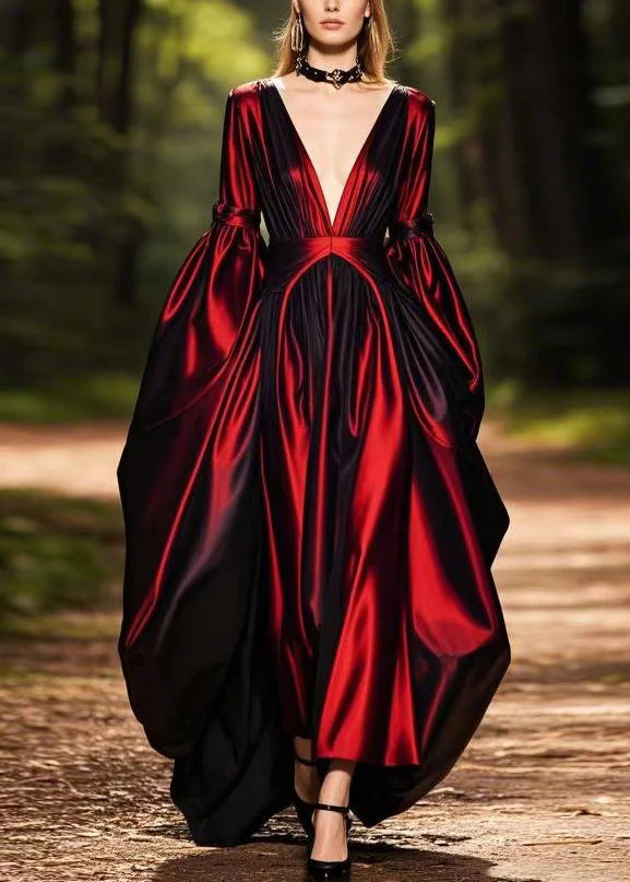 Plus Size Mulberry Patchwork Silk Long Dresses Lantern Sleeve - Image 5