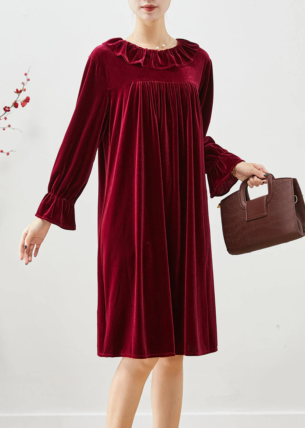 Plus Size Mulberry Ruffled Wrinkled Silk Velour Robe Dresses Fall - Image 2
