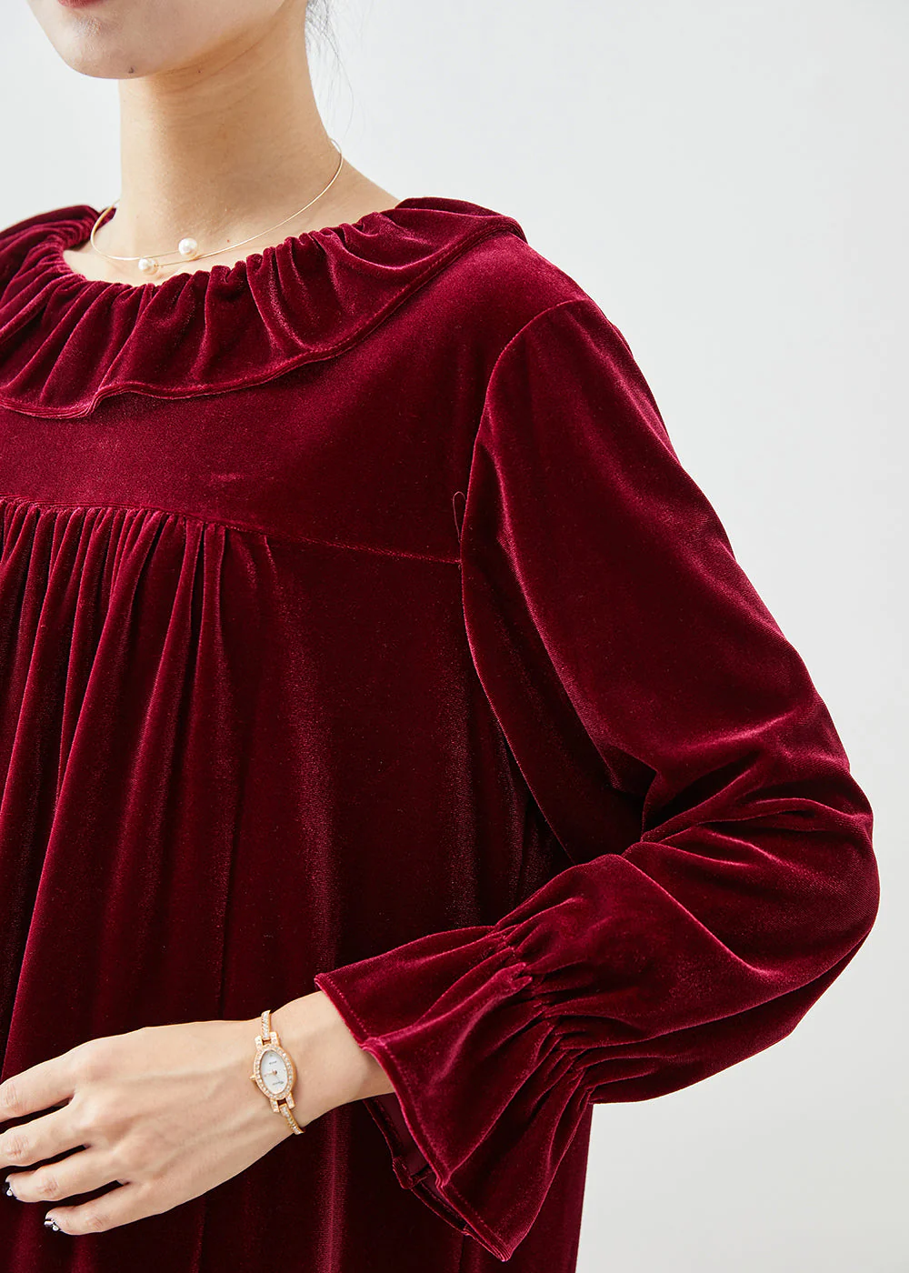 Plus Size Mulberry Ruffled Wrinkled Silk Velour Robe Dresses Fall - Image 5