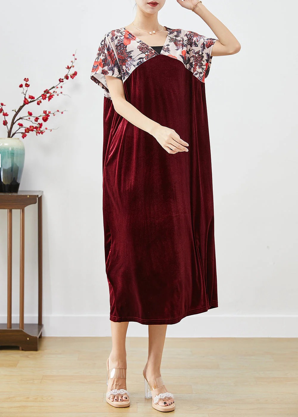 Plus Size Mulberry V Neck Patchwork Silk Velour Party Dress Short Sleeve - Image 2
