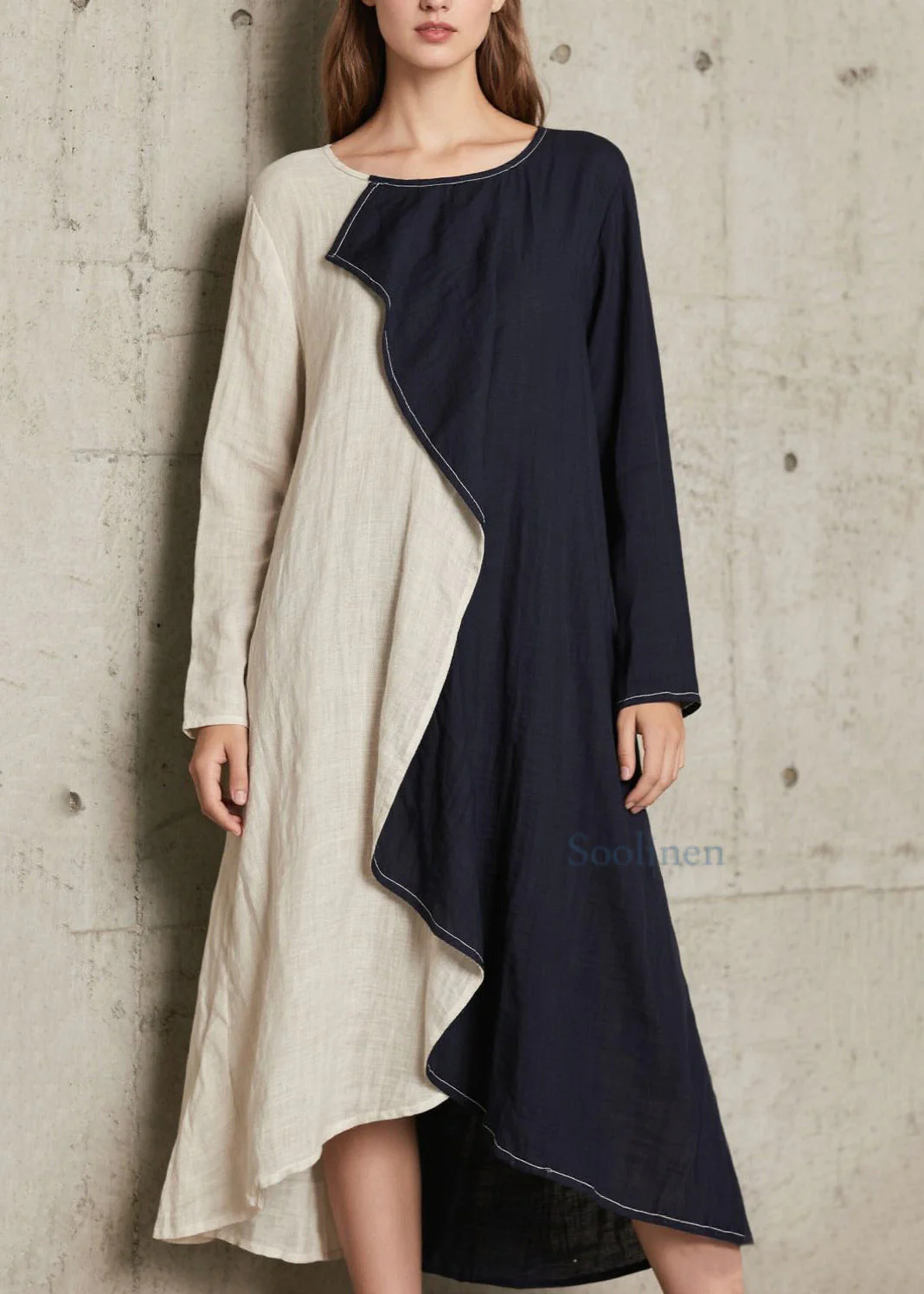 Plus Size Navy Asymmetrical Patchwork Cotton A Line Dress Spring - Image 5