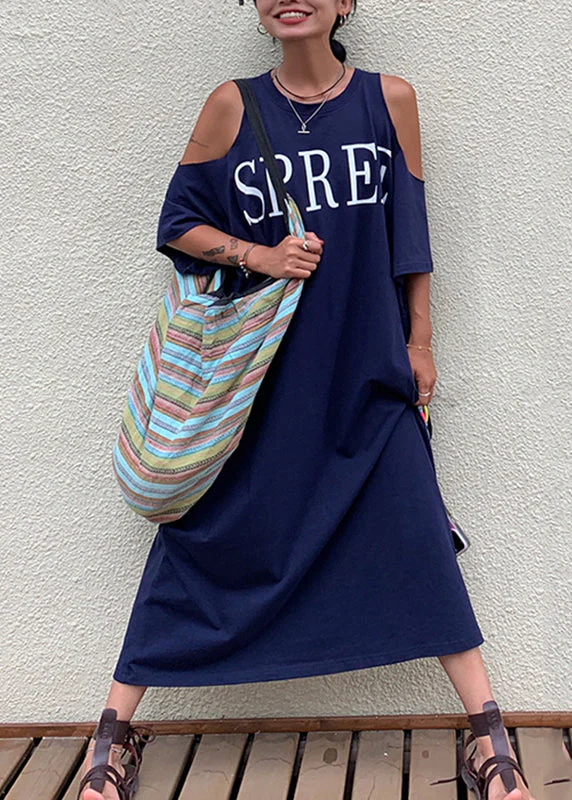 Plus Size Navy Blue Graphic Cold Shoulder Holiday Maxi Dress Short Sleeve - Image 3