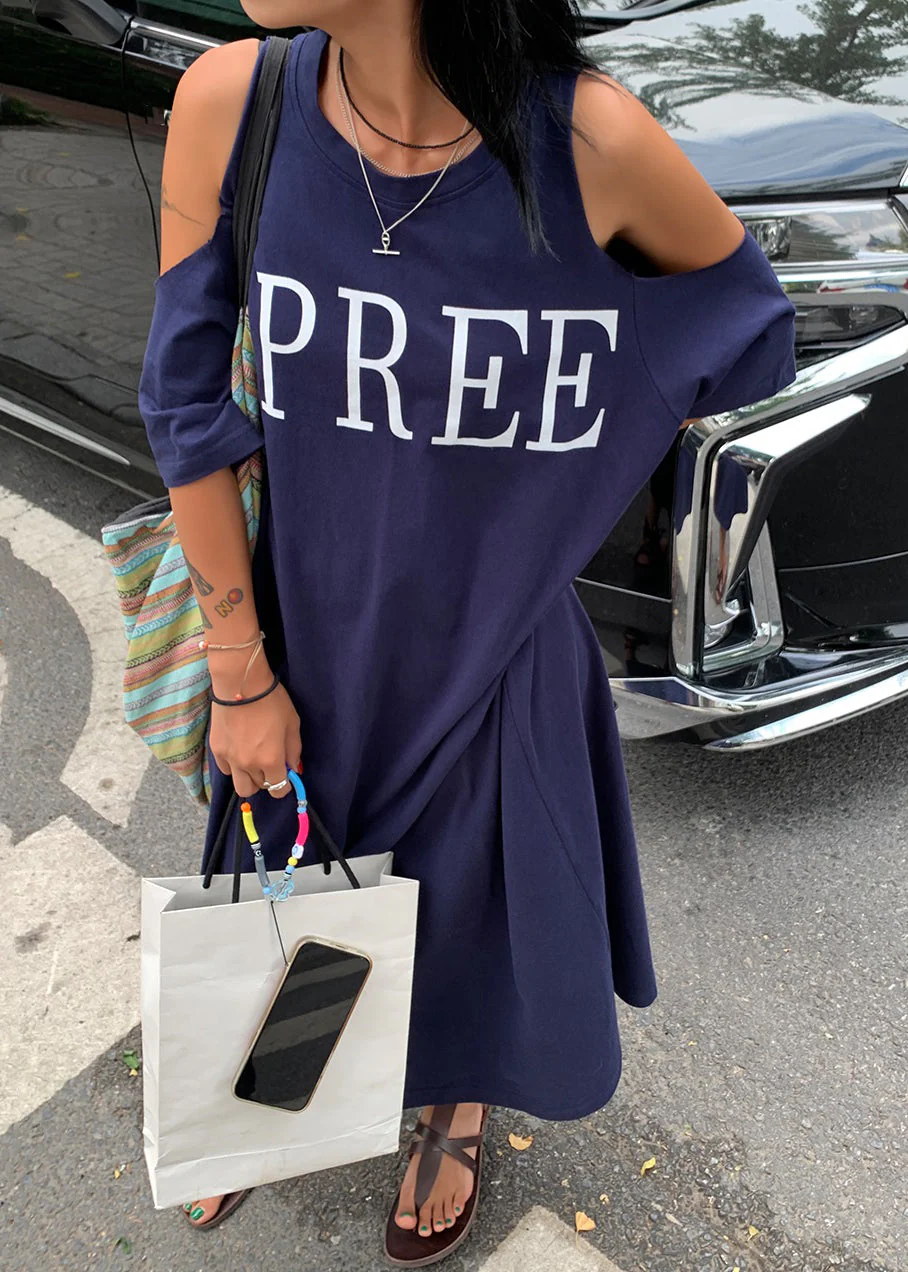 Plus Size Navy Blue Graphic Cold Shoulder Holiday Maxi Dress Short Sleeve - Image 5