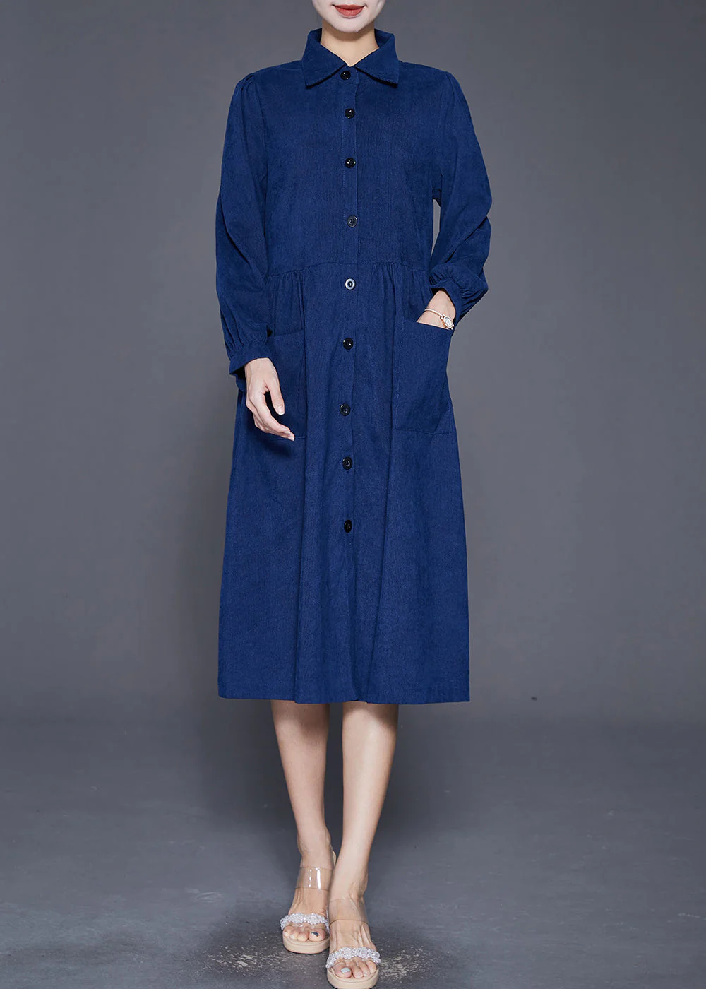 Plus Size Navy Button Down Pockets Corduroy Dress Fall - Image 2