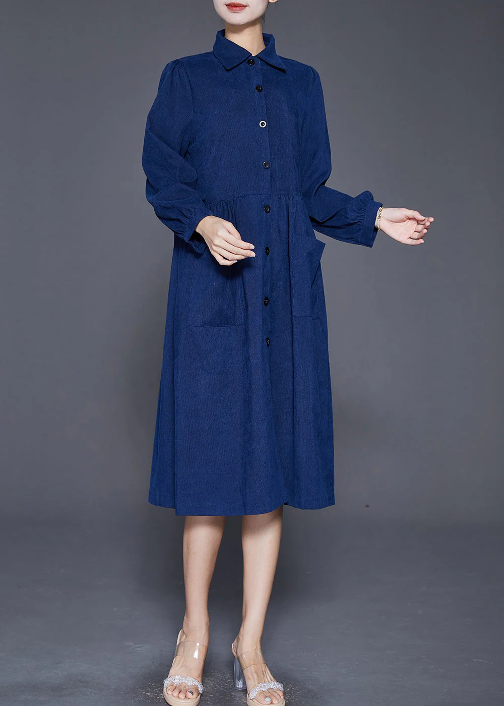 Plus Size Navy Button Down Pockets Corduroy Dress Fall - Image 3