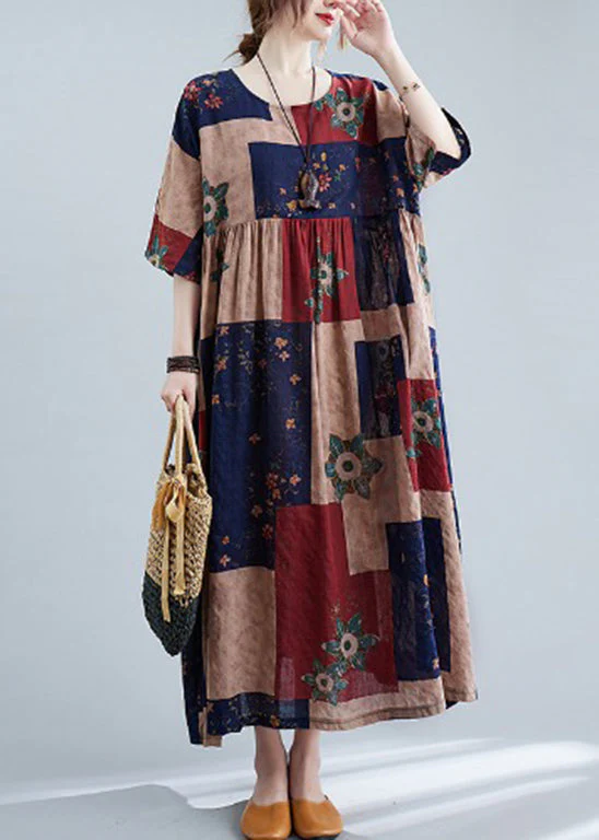 Plus Size Navy Cinched O-Neck Print Dresses Half Sleeve - Image 2
