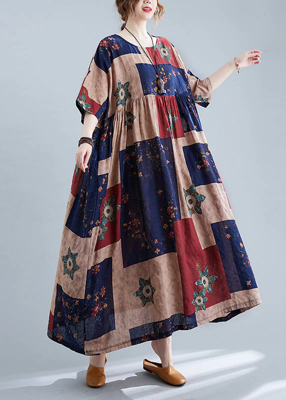 Plus Size Navy Cinched O-Neck Print Dresses Half Sleeve - Image 3