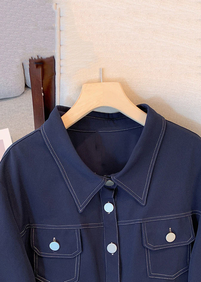 Plus Size Navy Drawstring Pockets Denim Dress Long Sleeve - Image 4