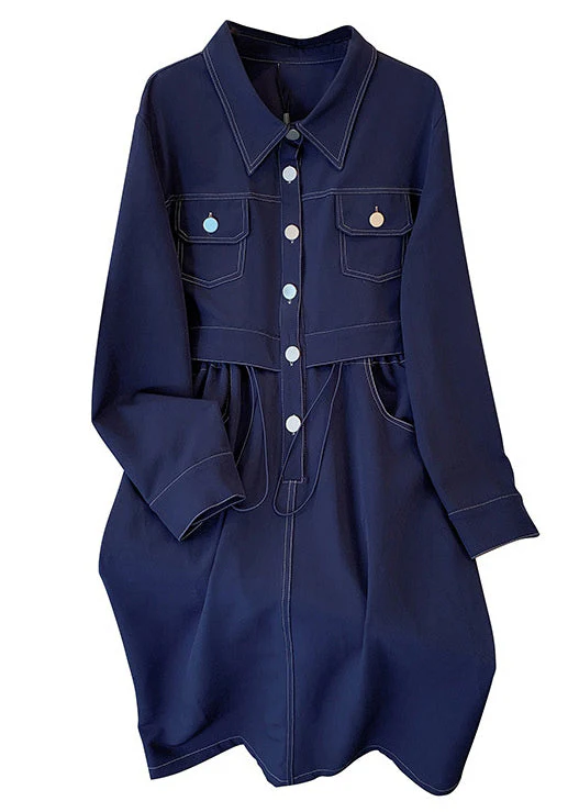 Plus Size Navy Drawstring Pockets Denim Dress Long Sleeve - Image 5