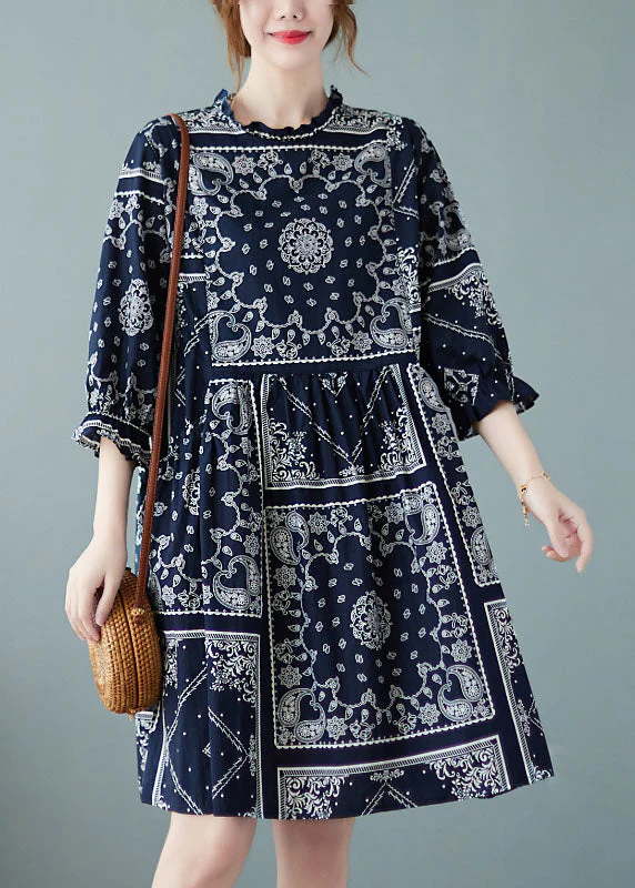 Plus Size Navy O-Neck Patchwork Print Fall Dress Half Sleeve - Image 2