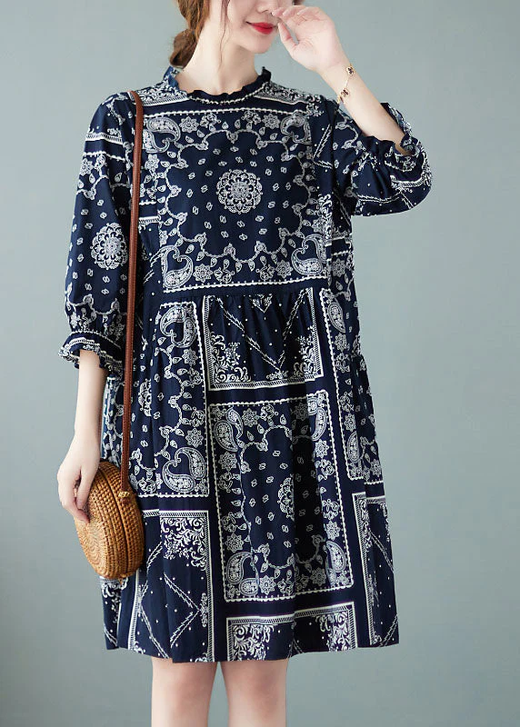 Plus Size Navy O-Neck Patchwork Print Fall Dress Half Sleeve - Image 3
