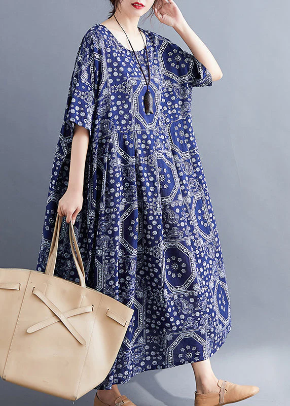 Plus Size Navy O-Neck Print Cotton Long Dress Short Sleeve - Image 2