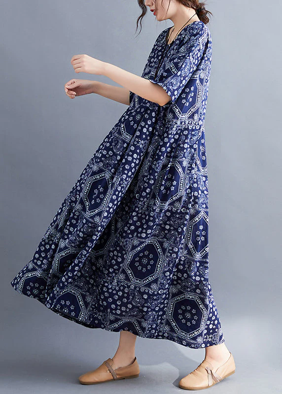 Plus Size Navy O-Neck Print Cotton Long Dress Short Sleeve - Image 3