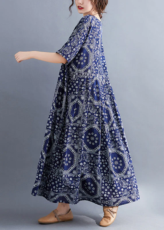 Plus Size Navy O-Neck Print Cotton Long Dress Short Sleeve - Image 4