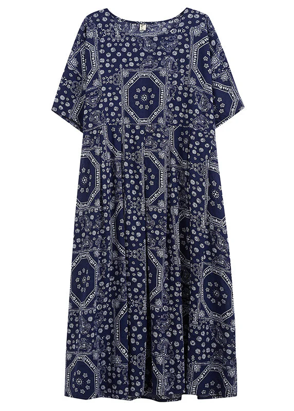 Plus Size Navy O-Neck Print Cotton Long Dress Short Sleeve - Image 5