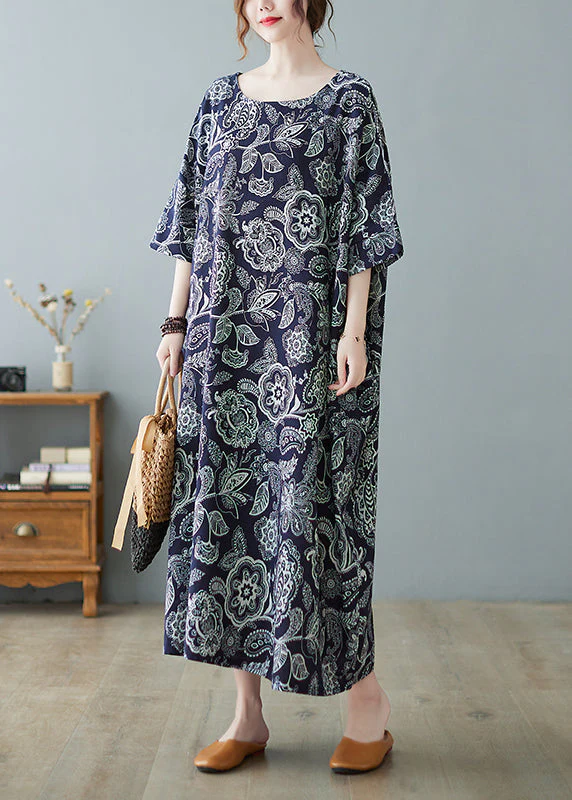 Plus Size Navy O-Neck Print Holiday Long Dress Half Sleeve - Image 2