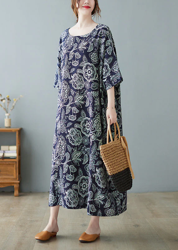 Plus Size Navy O-Neck Print Holiday Long Dress Half Sleeve - Image 3