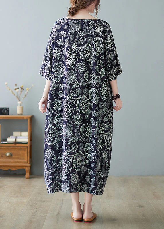 Plus Size Navy O-Neck Print Holiday Long Dress Half Sleeve - Image 4