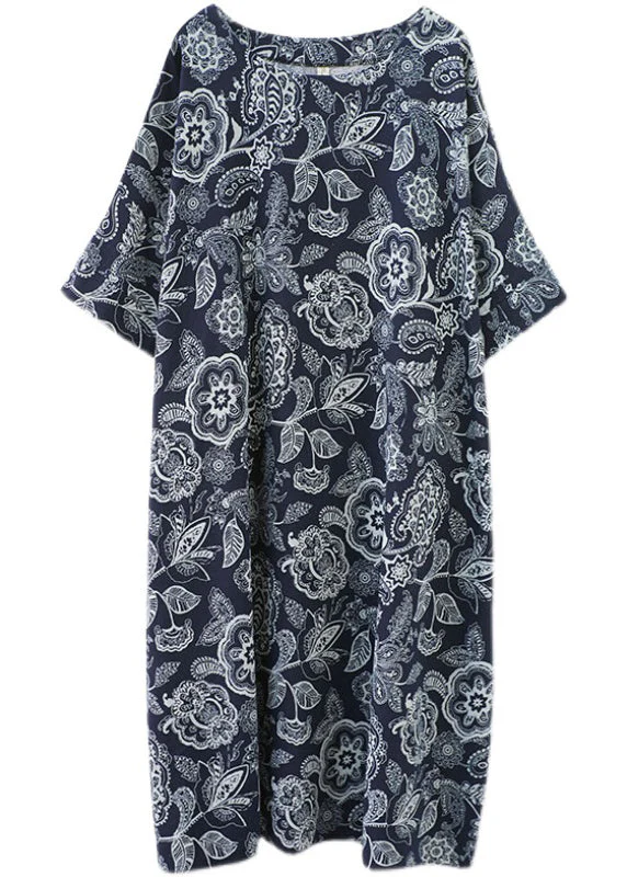 Plus Size Navy O-Neck Print Holiday Long Dress Half Sleeve - Image 5