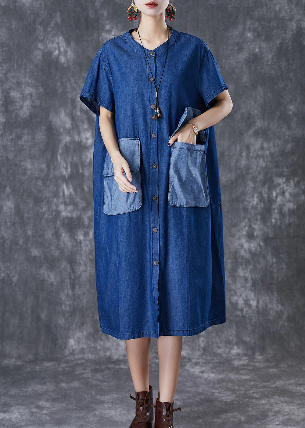 Plus Size Navy Oversized Patchwork Pockets Denim Maxi Dresses Summer - Image 2