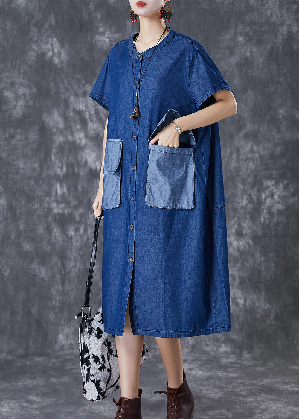Plus Size Navy Oversized Patchwork Pockets Denim Maxi Dresses Summer - Image 3