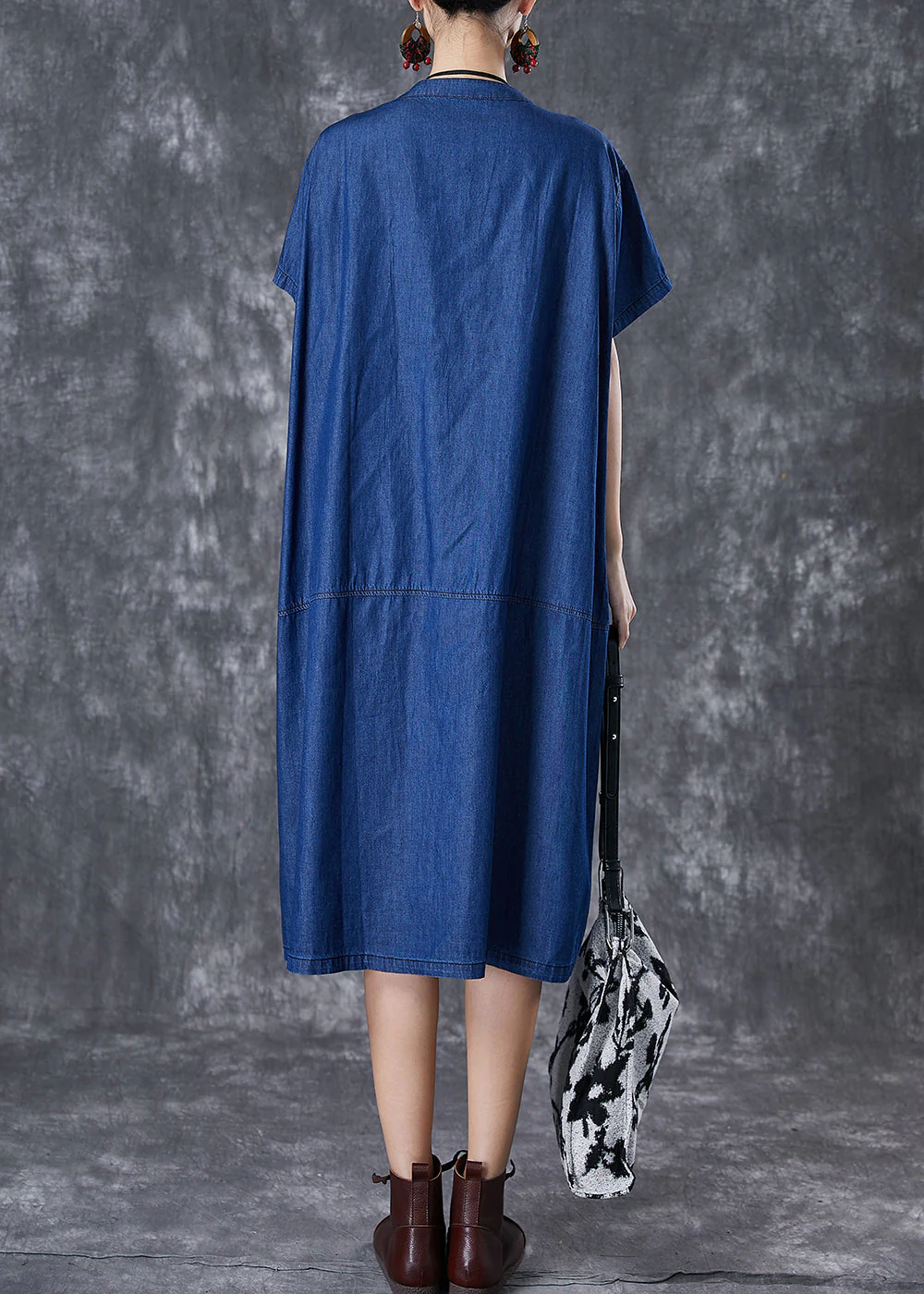 Plus Size Navy Oversized Patchwork Pockets Denim Maxi Dresses Summer - Image 4