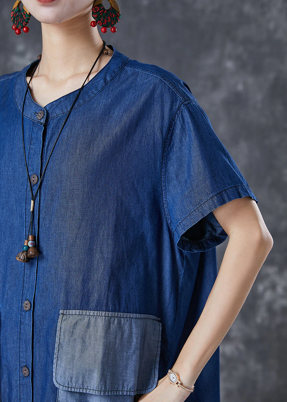 Plus Size Navy Oversized Patchwork Pockets Denim Maxi Dresses Summer - Image 5