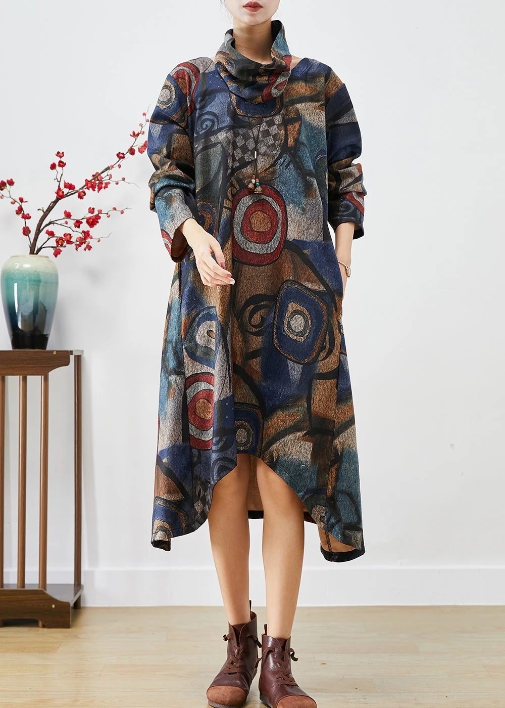 Plus Size Navy Oversized Print Woolen Dress Two Piece Set Fall - Image 2